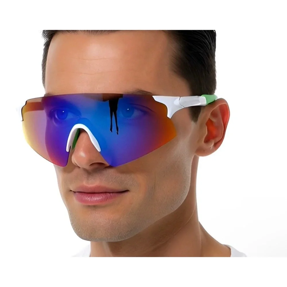 Sport Sunglasses Cycling Running Glasses UV Protection White Frame Blue Mirror‎